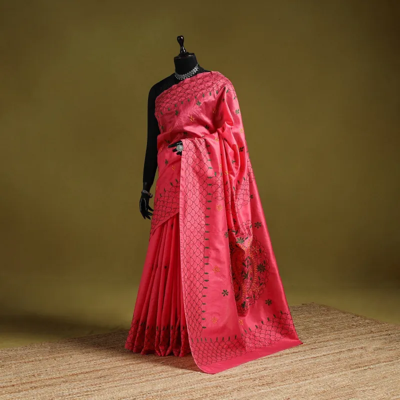 Pink - Bengal Hand Embroidery Silk Nakshi Kantha Saree 62 made by Itokri