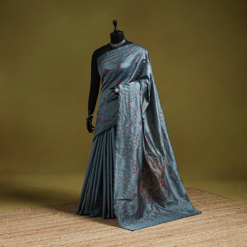 Grey - Bengal Hand Embroidery Silk Nakshi Kantha Saree 47 sold by Itokri