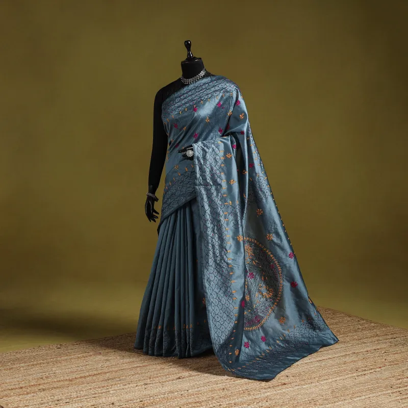 Grey - Bengal Hand Embroidery Silk Nakshi Kantha Saree 46 sold by Itokri