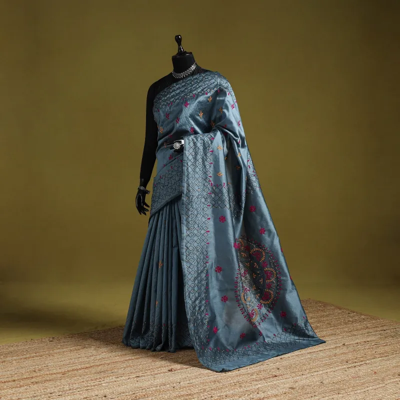 Grey - Bengal Hand Embroidery Silk Nakshi Kantha Saree 43 sold by Itokri