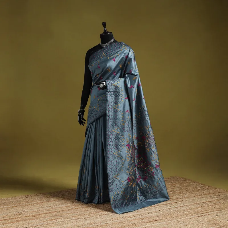 Grey - Bengal Hand Embroidery Silk Nakshi Kantha Saree 41 sold by Itokri