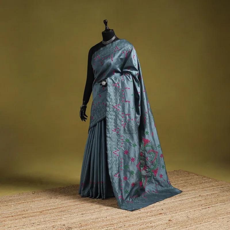 Grey - Bengal Hand Embroidery Silk Nakshi Kantha Saree 40 sold by Itokri