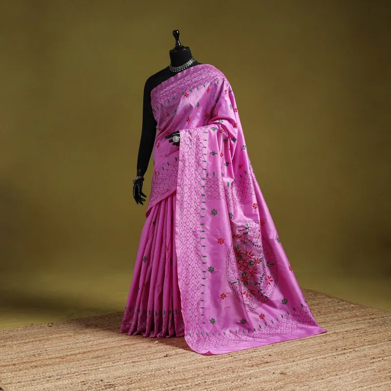 Pink - Bengal Hand Embroidery Silk Nakshi Kantha Saree 35 made by Itokri