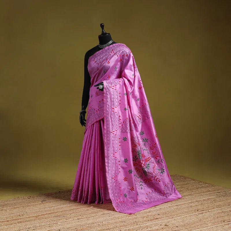 Pink - Bengal Hand Embroidery Silk Nakshi Kantha Saree 34 made by Itokri