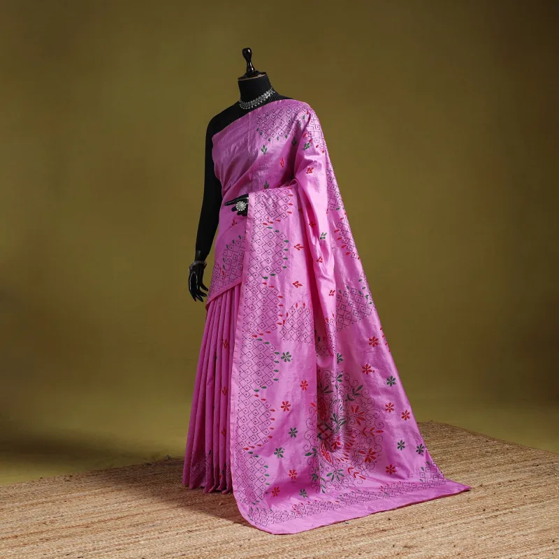Pink - Bengal Hand Embroidery Silk Nakshi Kantha Saree 33 made by Itokri