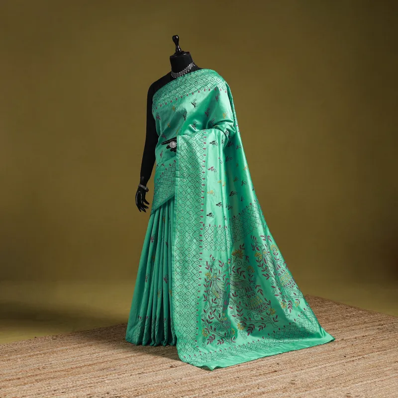 Green - Bengal Hand Embroidery Silk Nakshi Kantha Saree 21 sold by Itokri