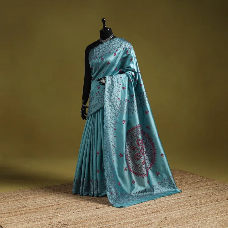 Blue - Bengal Hand Embroidery Silk Nakshi Kantha Saree 22 sold by Itokri