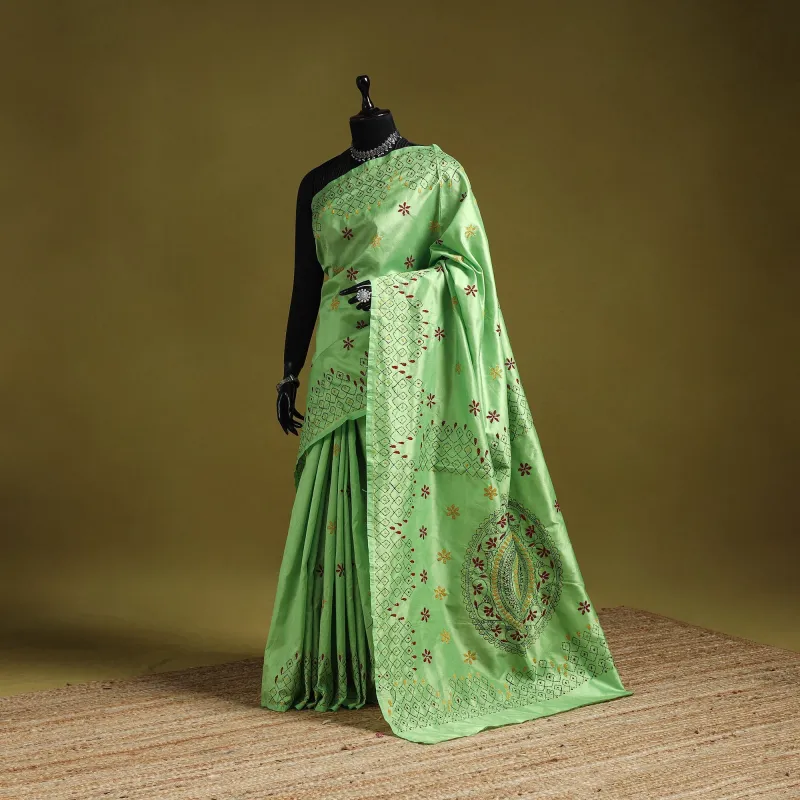 Green - Bengal Hand Embroidery Silk Nakshi Kantha Saree 23 sold by Itokri