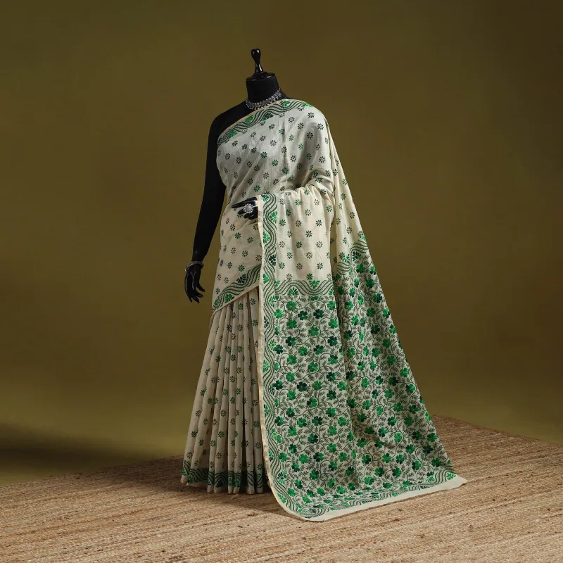 White - Bengal Hand Embroidery Silk Cotton Kantha Saree 01 sold by Itokri