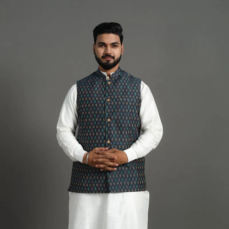 Dark Grey - Silk Cotton Handwoven Pochampally Ikat Nehru Jacket 15 sold by Itokri