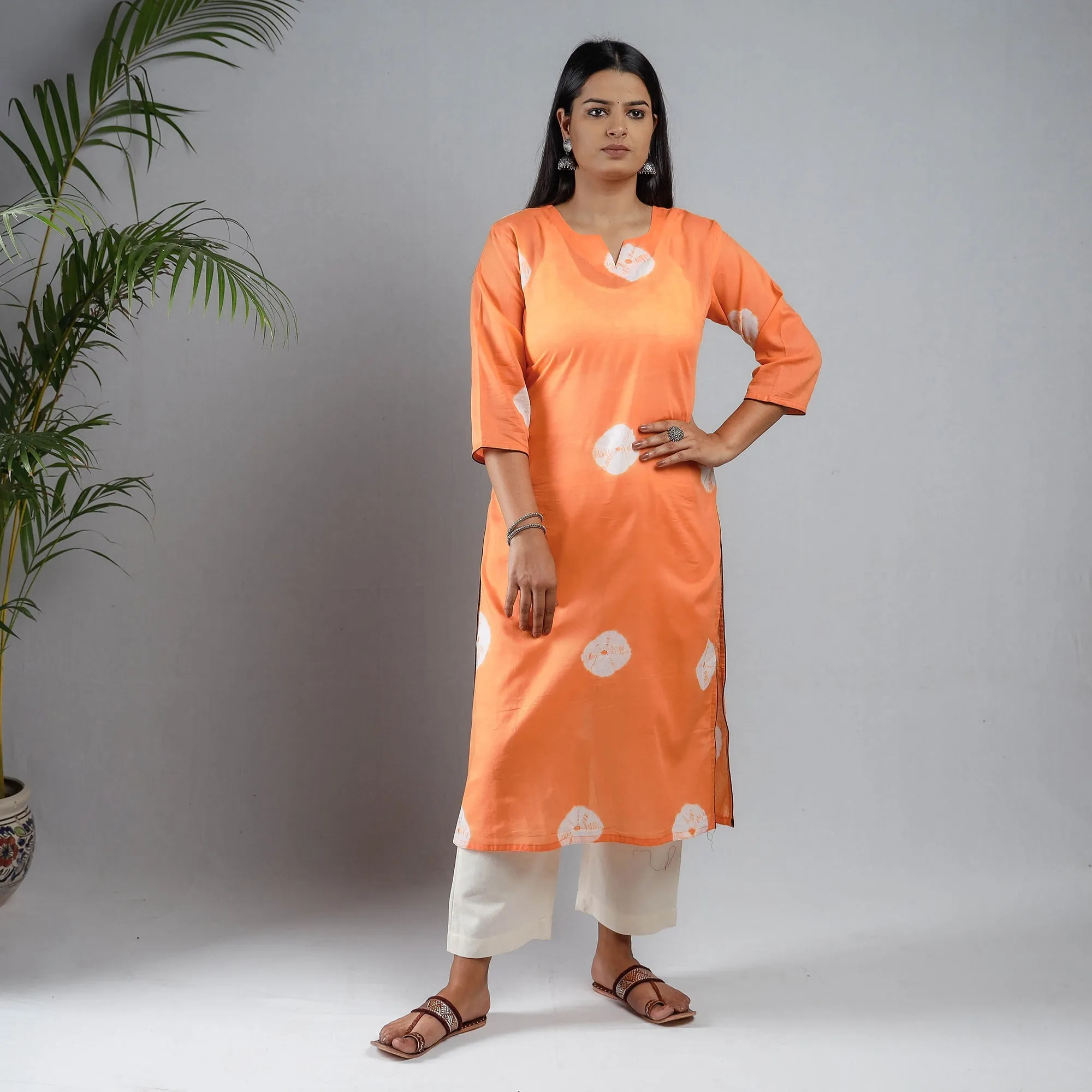 Orange & White - Shibori Tie-Dye Mul Cotton Long Kurta sold by Itokri product image thumbnail 3