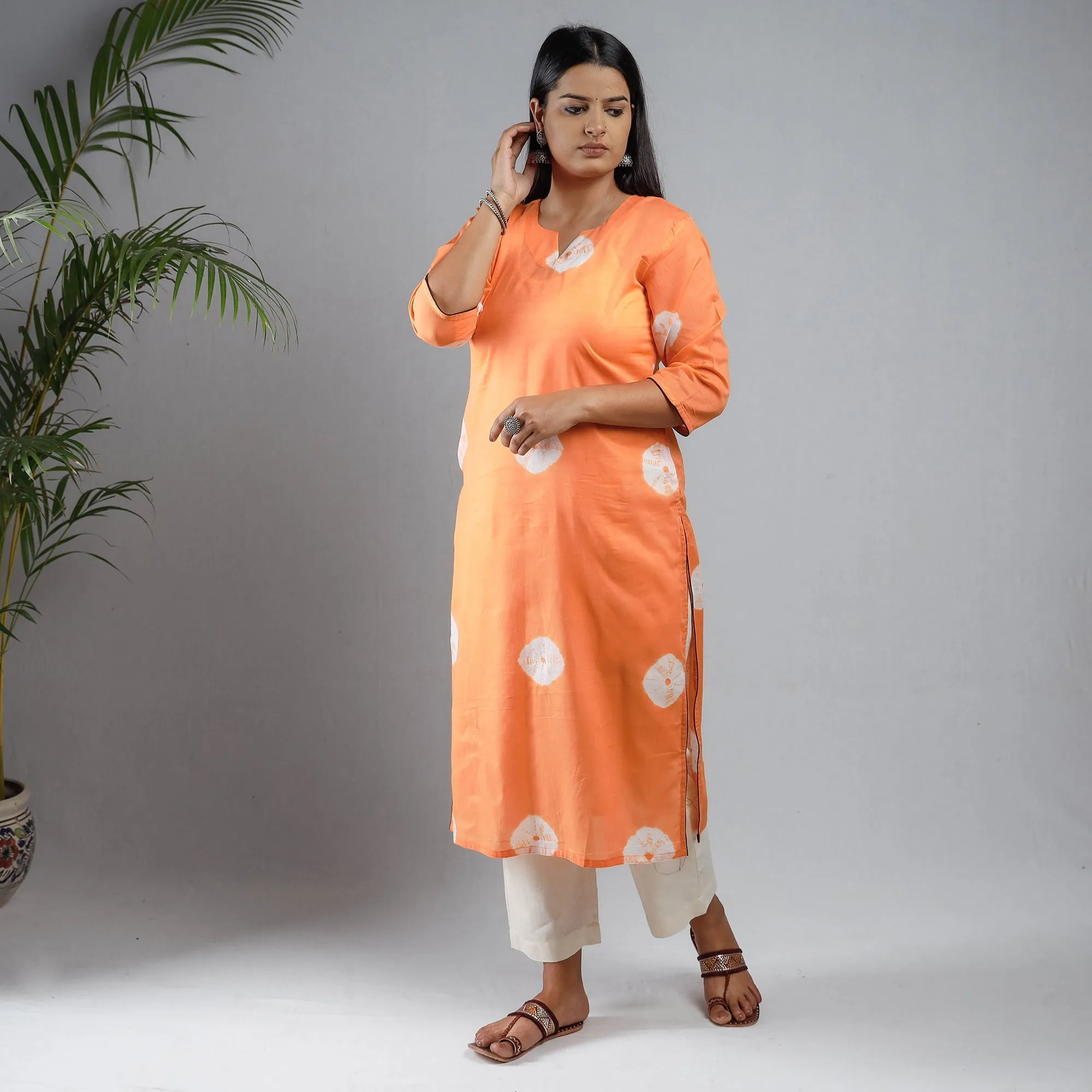 Orange & White - Shibori Tie-Dye Mul Cotton Long Kurta sold by Itokri product image thumbnail 2
