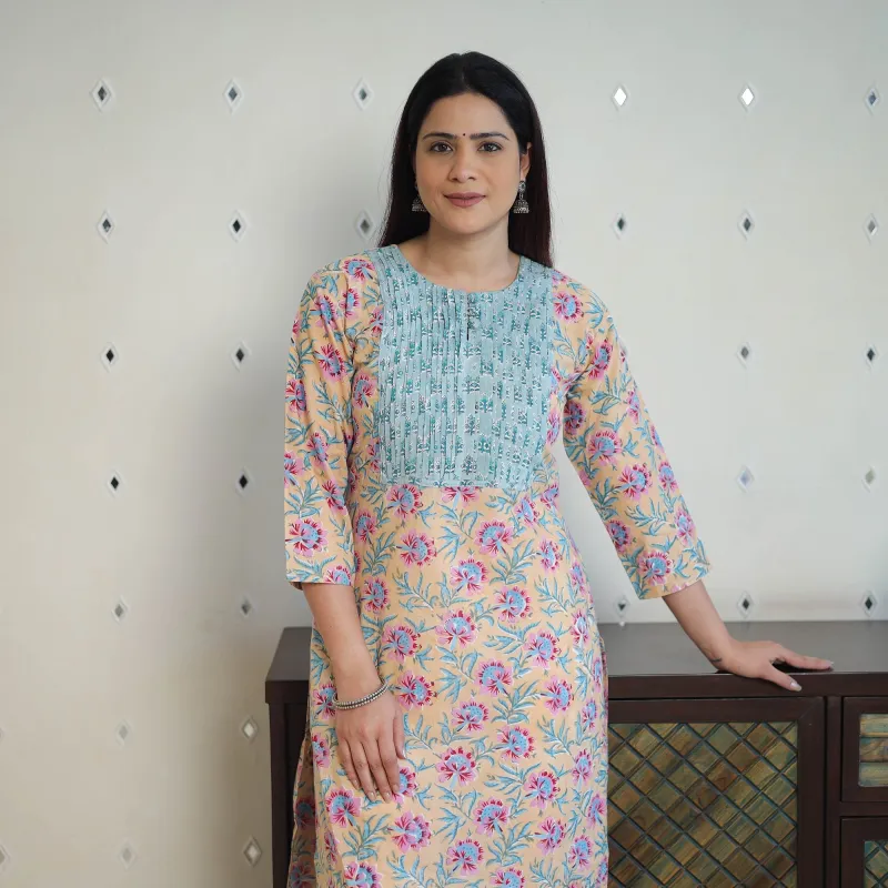Beige - Block Print Cotton Straight Pintuck Sanganeri Kurta 11 sold by Itokri