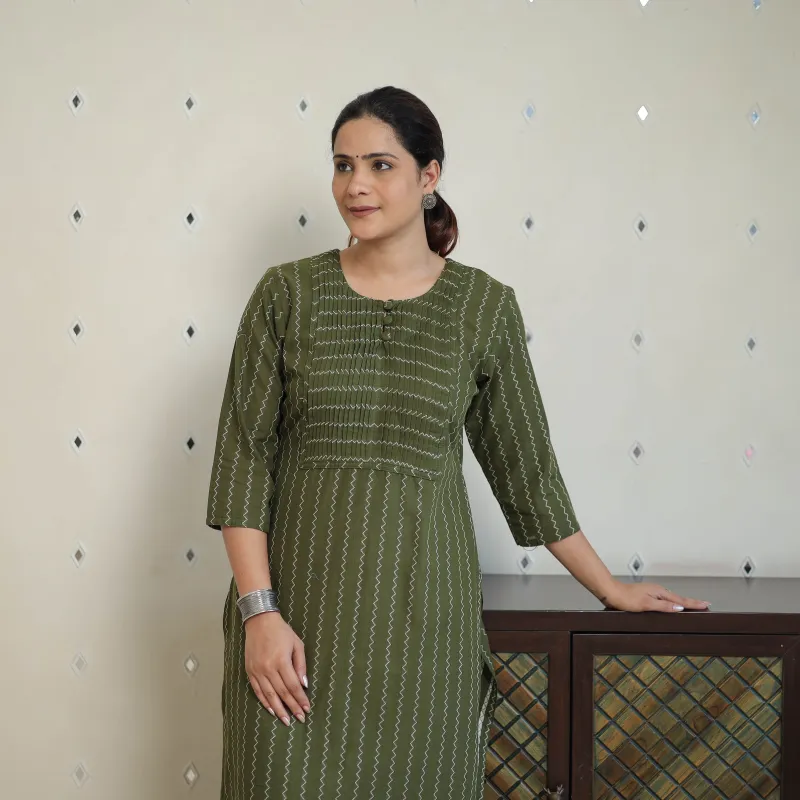 Green - Jacquard Cotton Pintuck Straight Kurta 22 sold by Itokri
