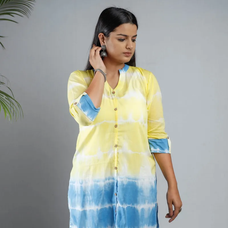 Multicolor - Yellow & Sky Blue - Shibori Tie-Dye Mul Cotton Long Kurta sold by Itokri