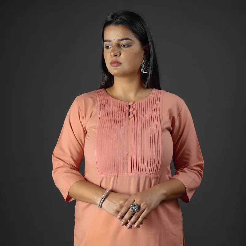 Peach - Plain Cotton Pintuck Long Straight Kurta sold by Itokri