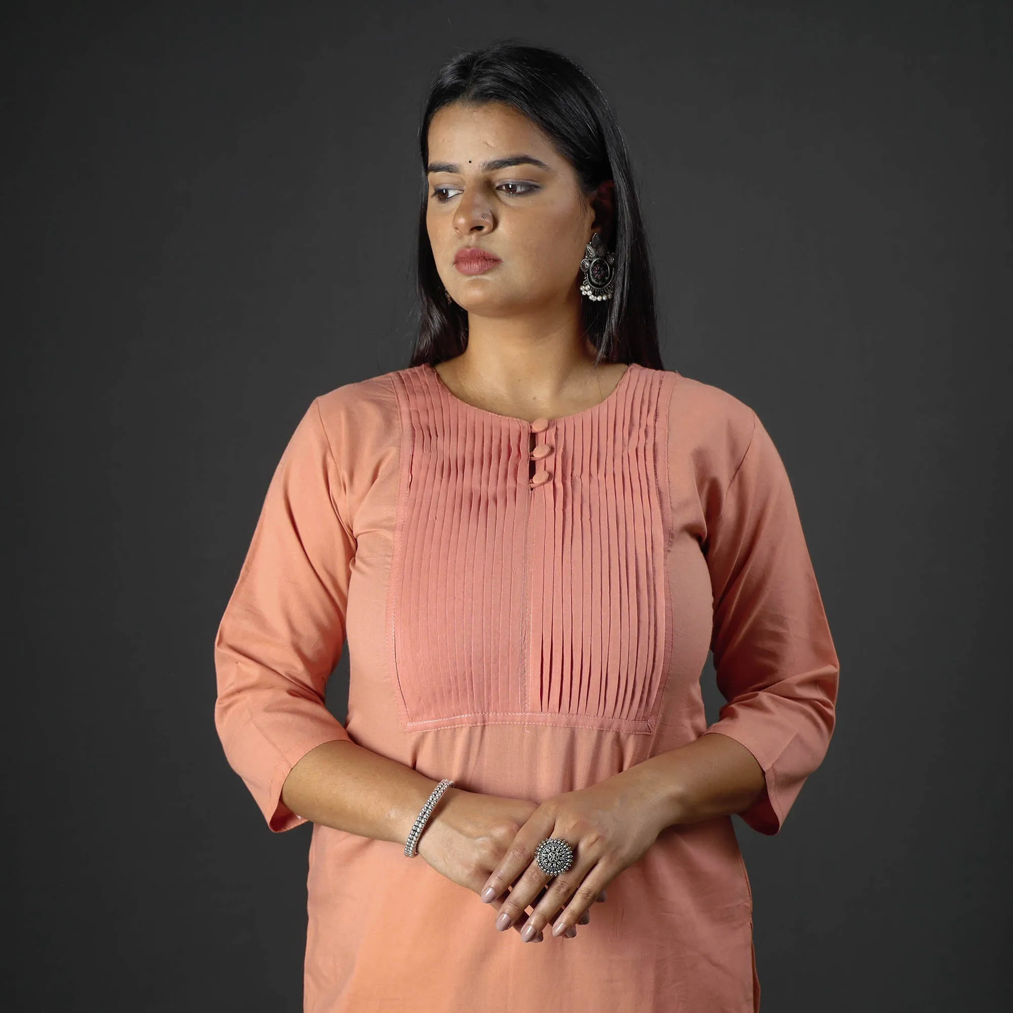 Peach - Plain Cotton Pintuck Long Straight Kurta sold by Itokri