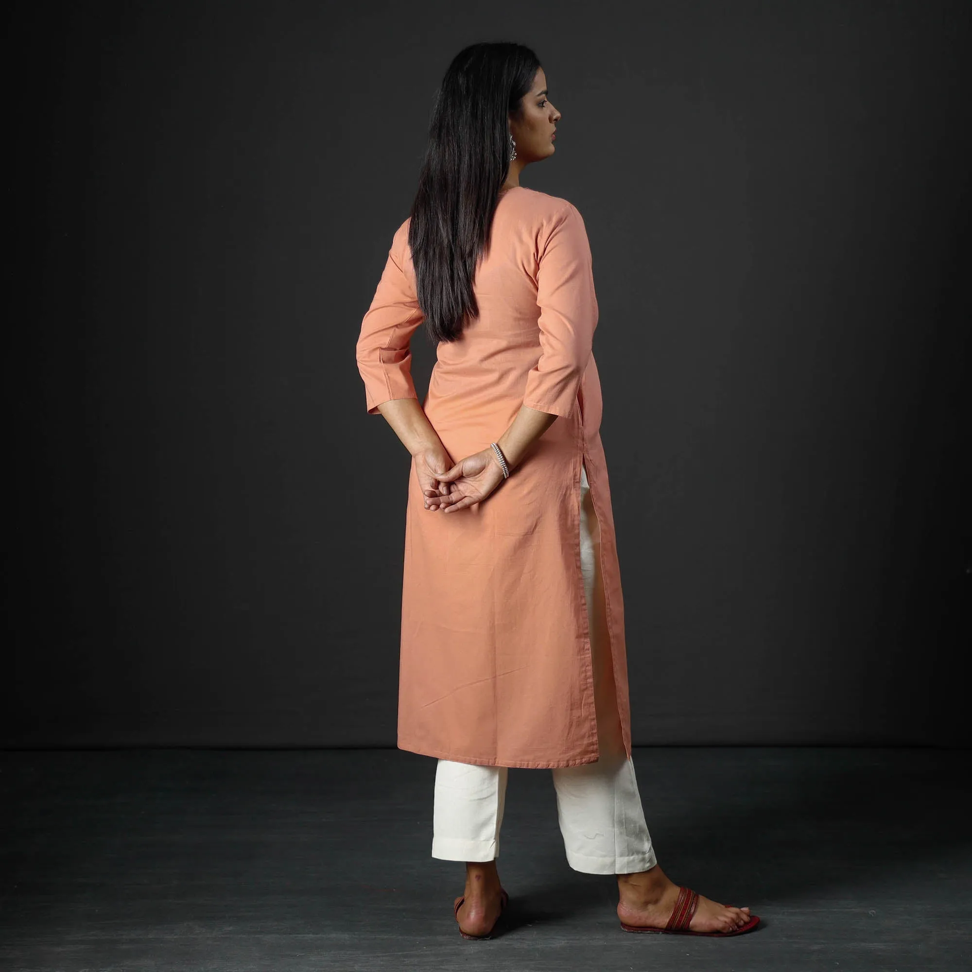 Peach - Plain Cotton Pintuck Long Straight Kurta sold by Itokri product image thumbnail 4