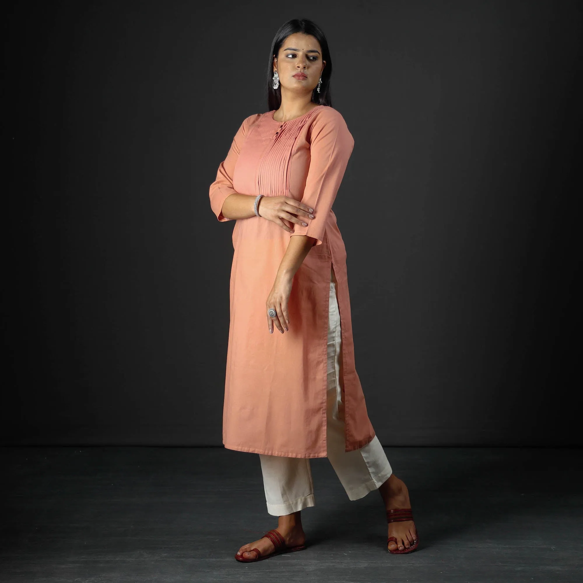 Peach - Plain Cotton Pintuck Long Straight Kurta sold by Itokri product image thumbnail 3