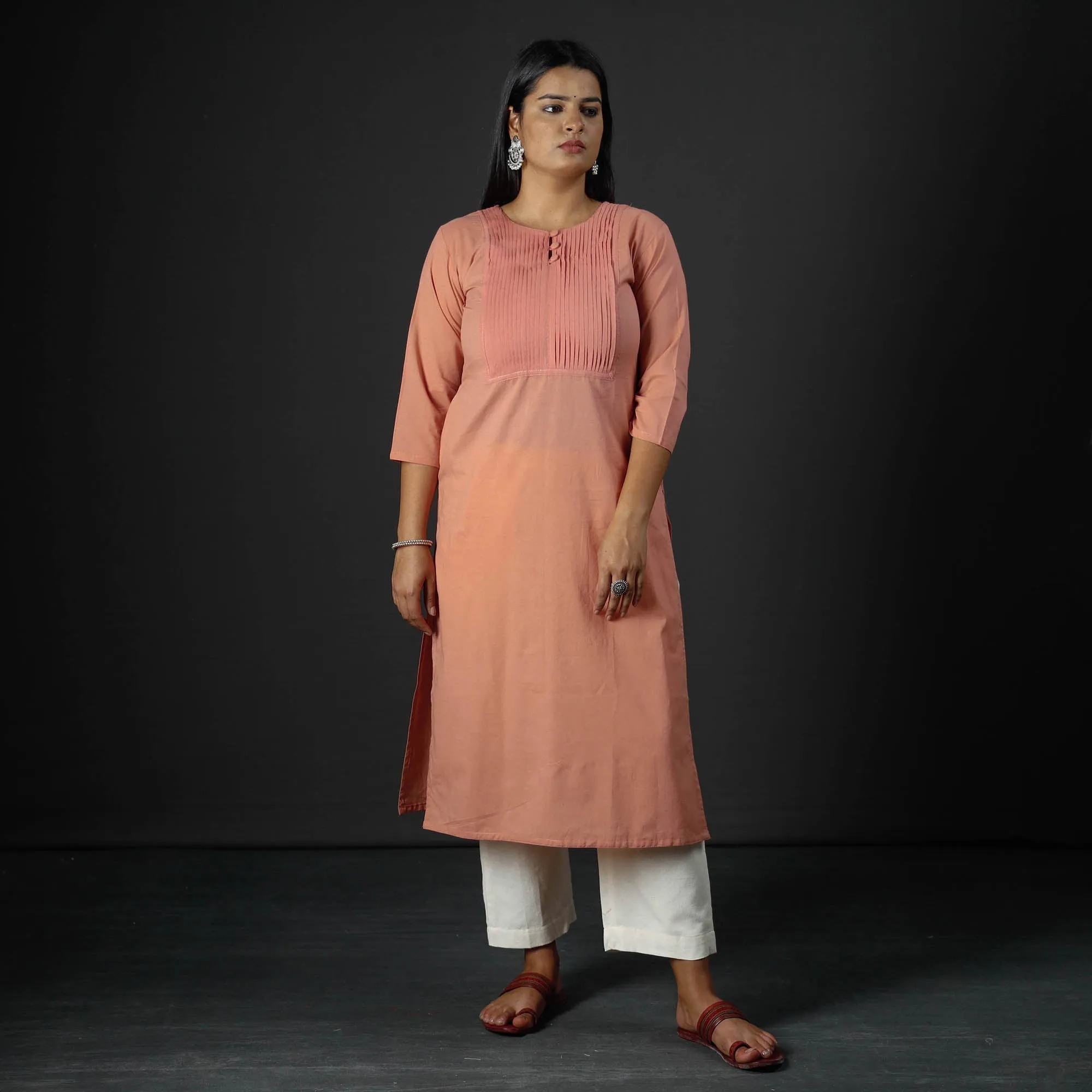Peach - Plain Cotton Pintuck Long Straight Kurta sold by Itokri product image thumbnail 2