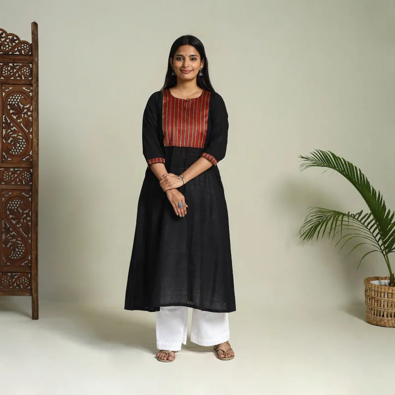 Black - Handloom Cotton Patchwork A-Line Mangalagiri Kurta 01 sold by Itokri
