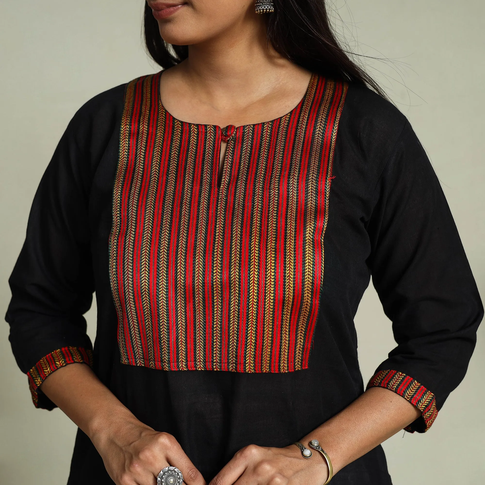 Black - Handloom Cotton Patchwork A-Line Mangalagiri Kurta 01 sold by Itokri product image thumbnail 4