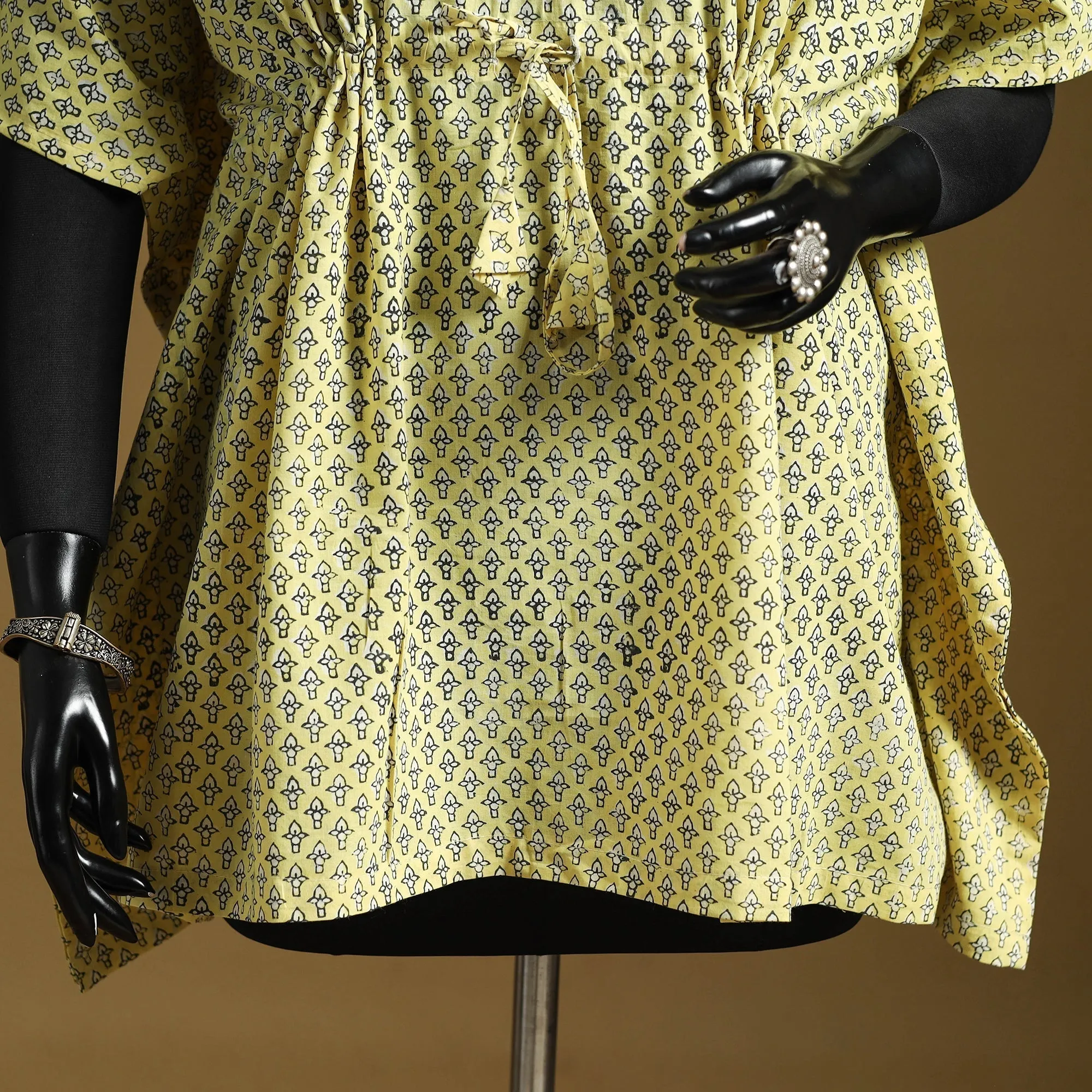 Yellow - Hand Block Akola Print Short Kaftan with Tie-Up Waist 42 sold by Itokri product image thumbnail 4