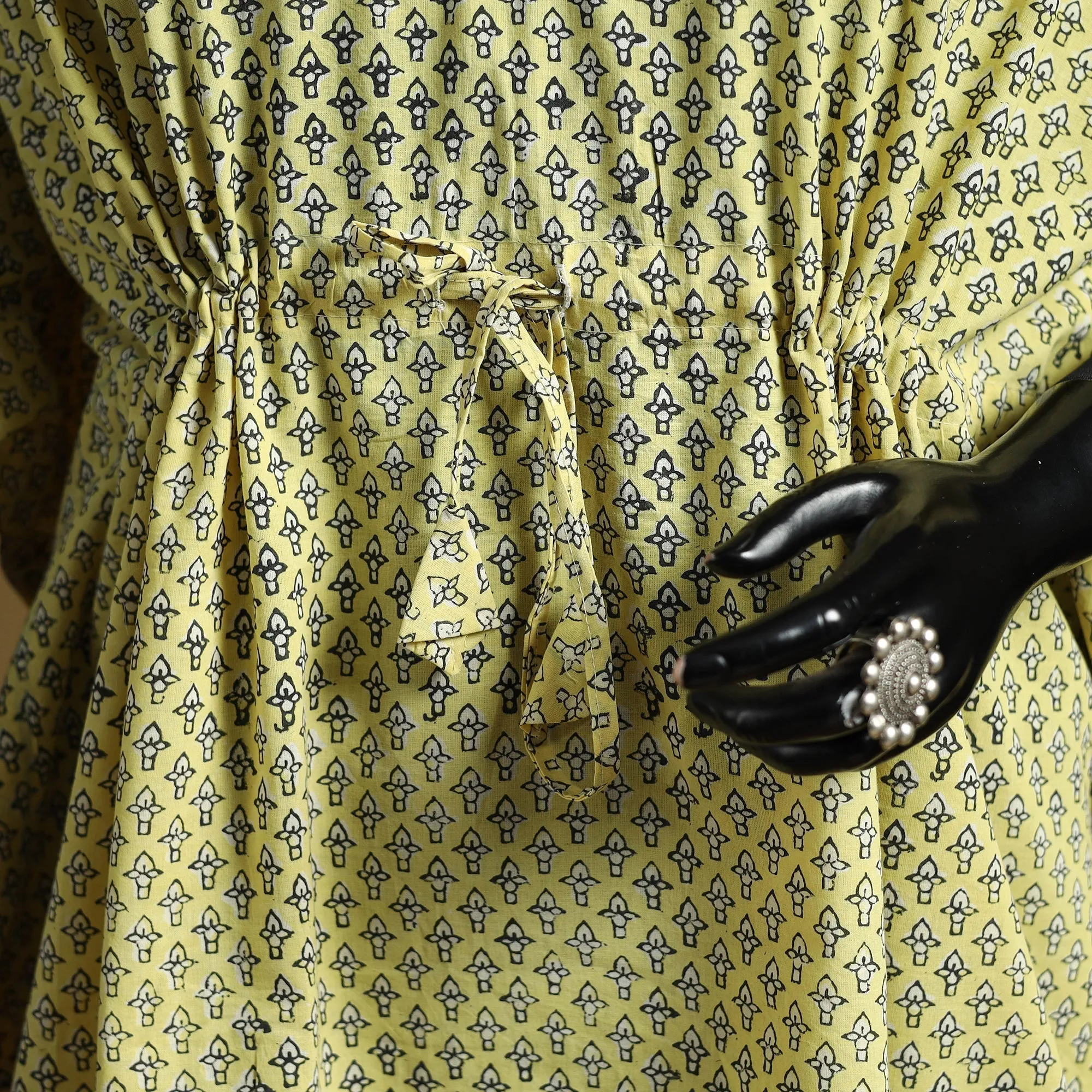 Yellow - Hand Block Akola Print Short Kaftan with Tie-Up Waist 42 sold by Itokri product image thumbnail 3