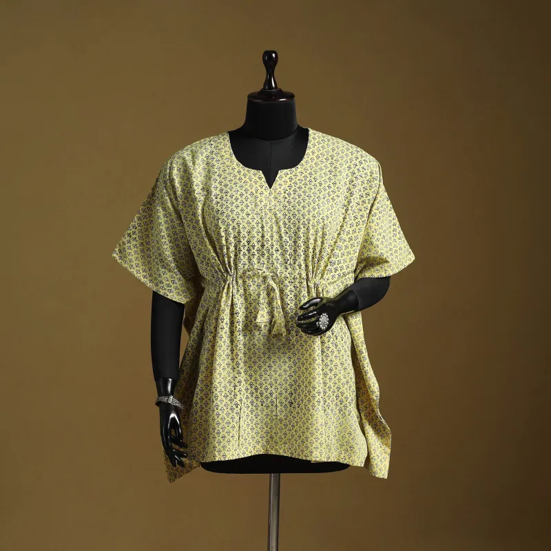 Yellow - Hand Block Akola Print Short Kaftan with Tie-Up Waist 42 made by Itokri
