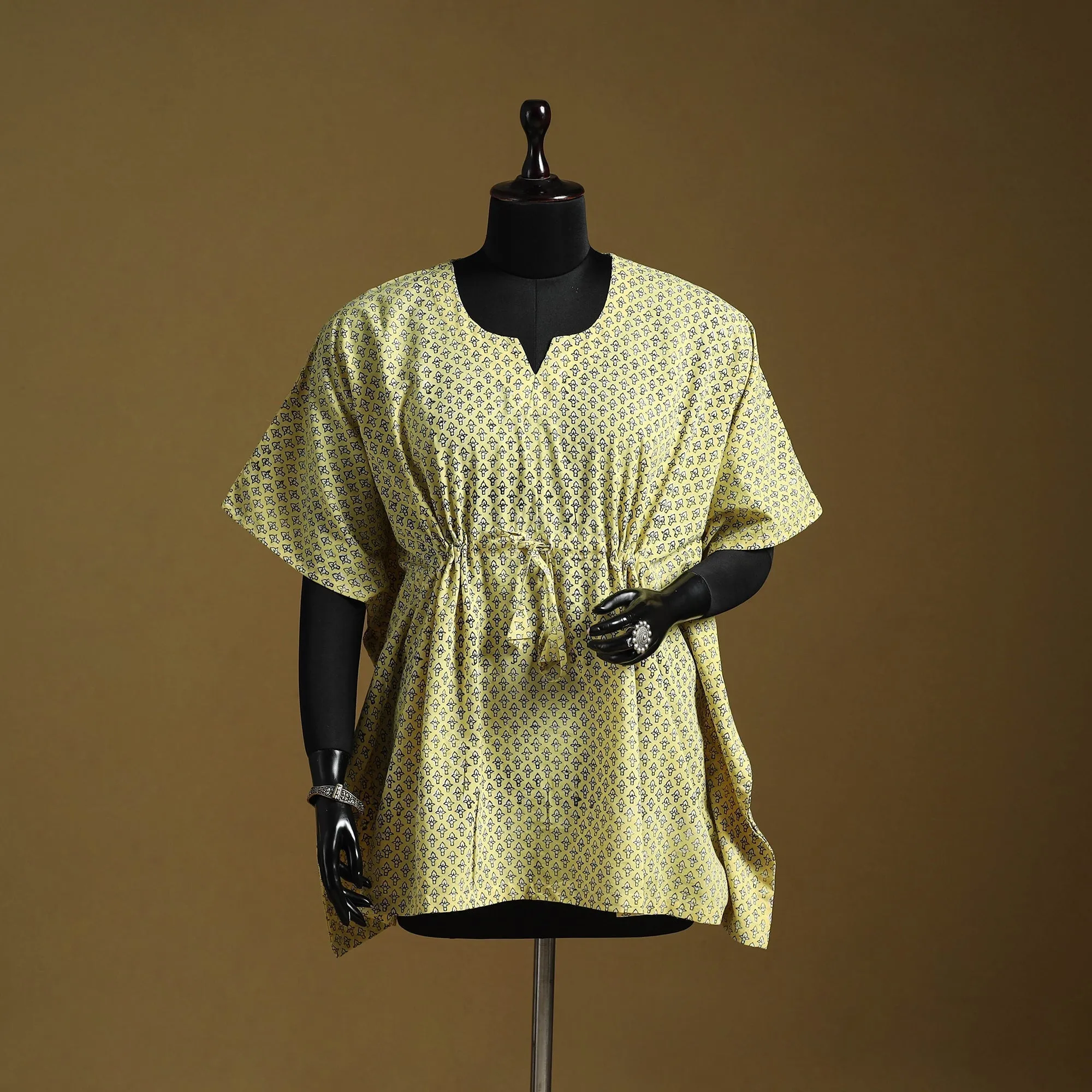 Yellow - Hand Block Akola Print Short Kaftan with Tie-Up Waist 42 sold by Itokri
