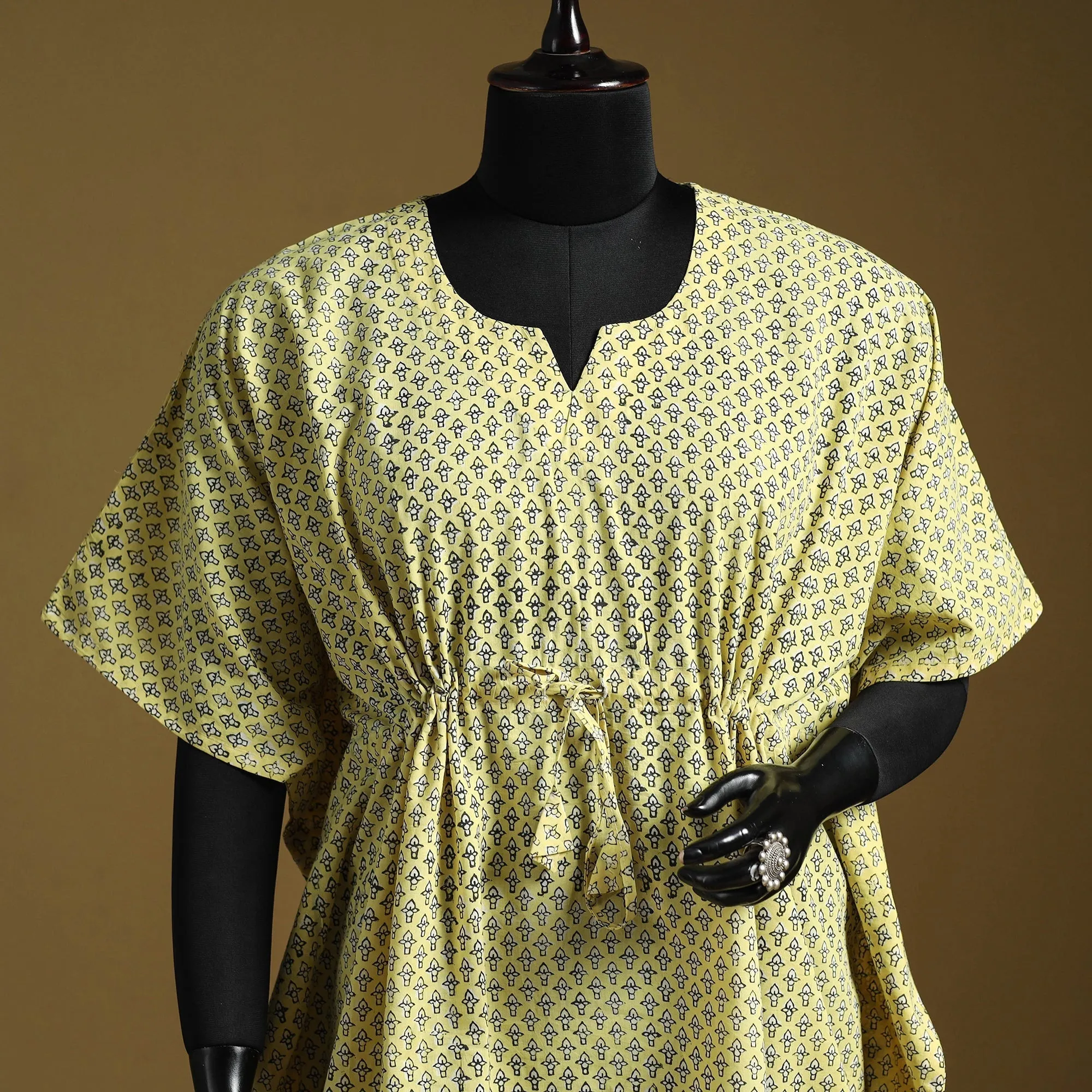 Yellow - Hand Block Akola Print Short Kaftan with Tie-Up Waist 42 sold by Itokri product image thumbnail 2