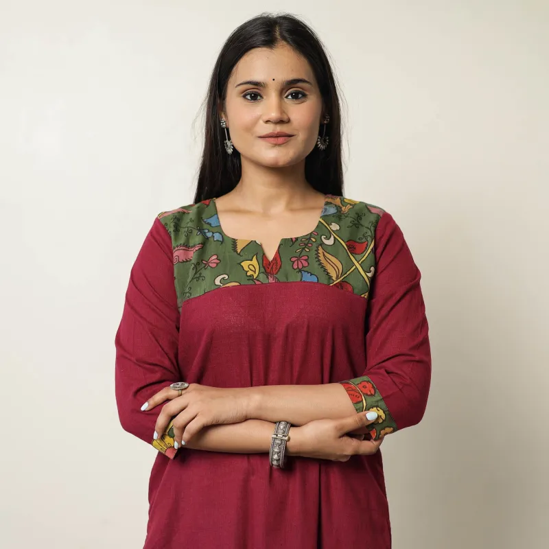 Dark Purple - Srikalahasti Kalamkari Patchwork Plain Cotton Long Straight Kurta 19 sold by Itokri