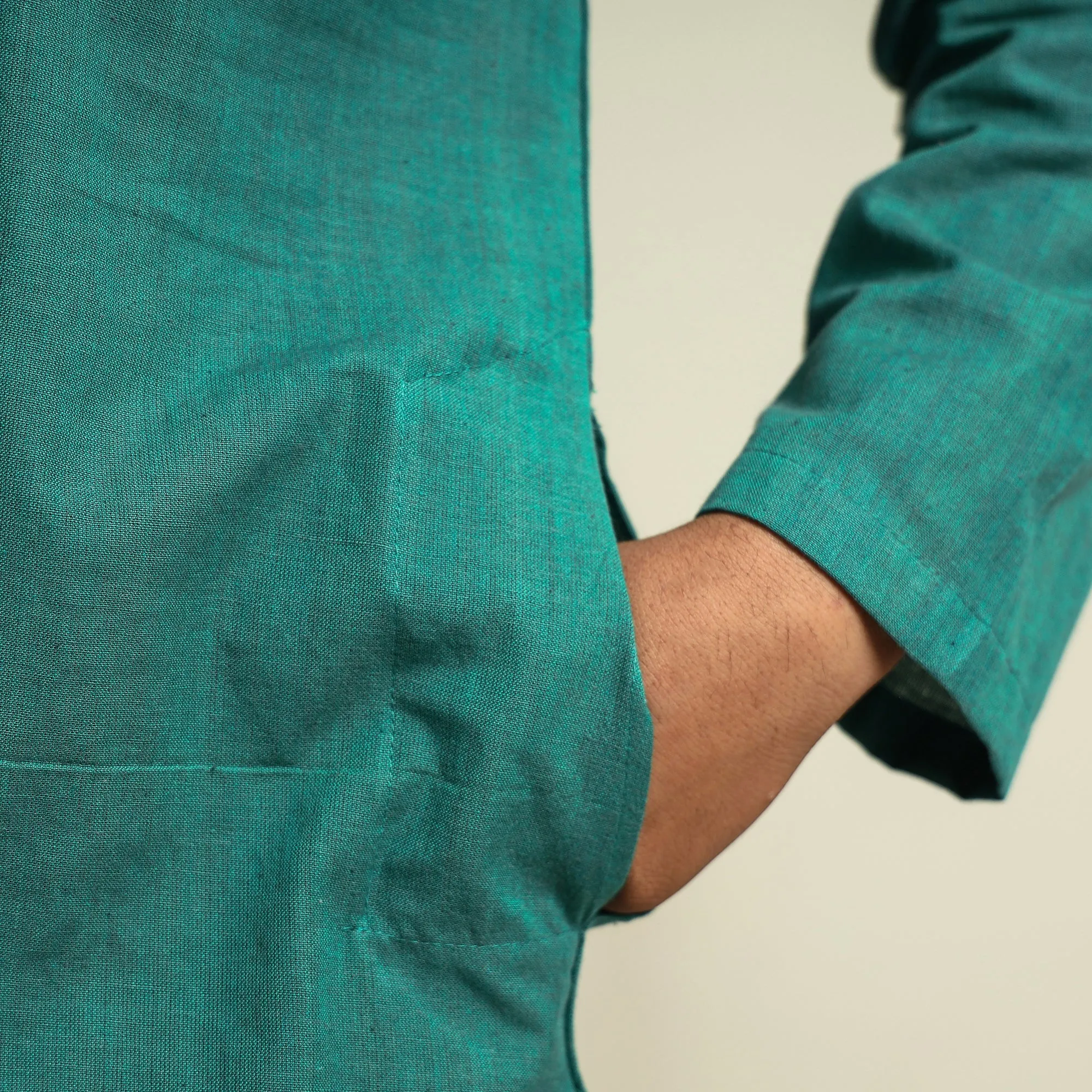 Green - Plain Handloom Cotton Men Short Kurta sold by Itokri product image thumbnail 5