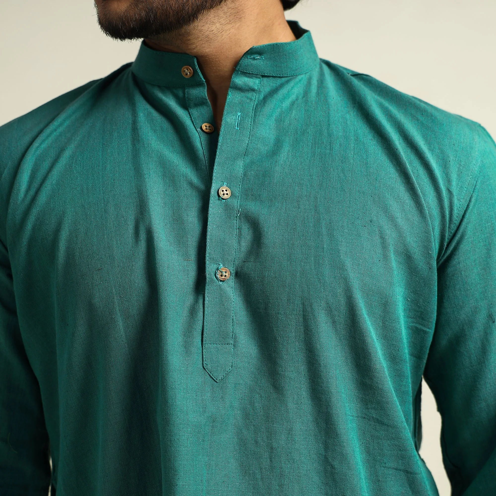 Green - Plain Handloom Cotton Men Short Kurta sold by Itokri product image thumbnail 4