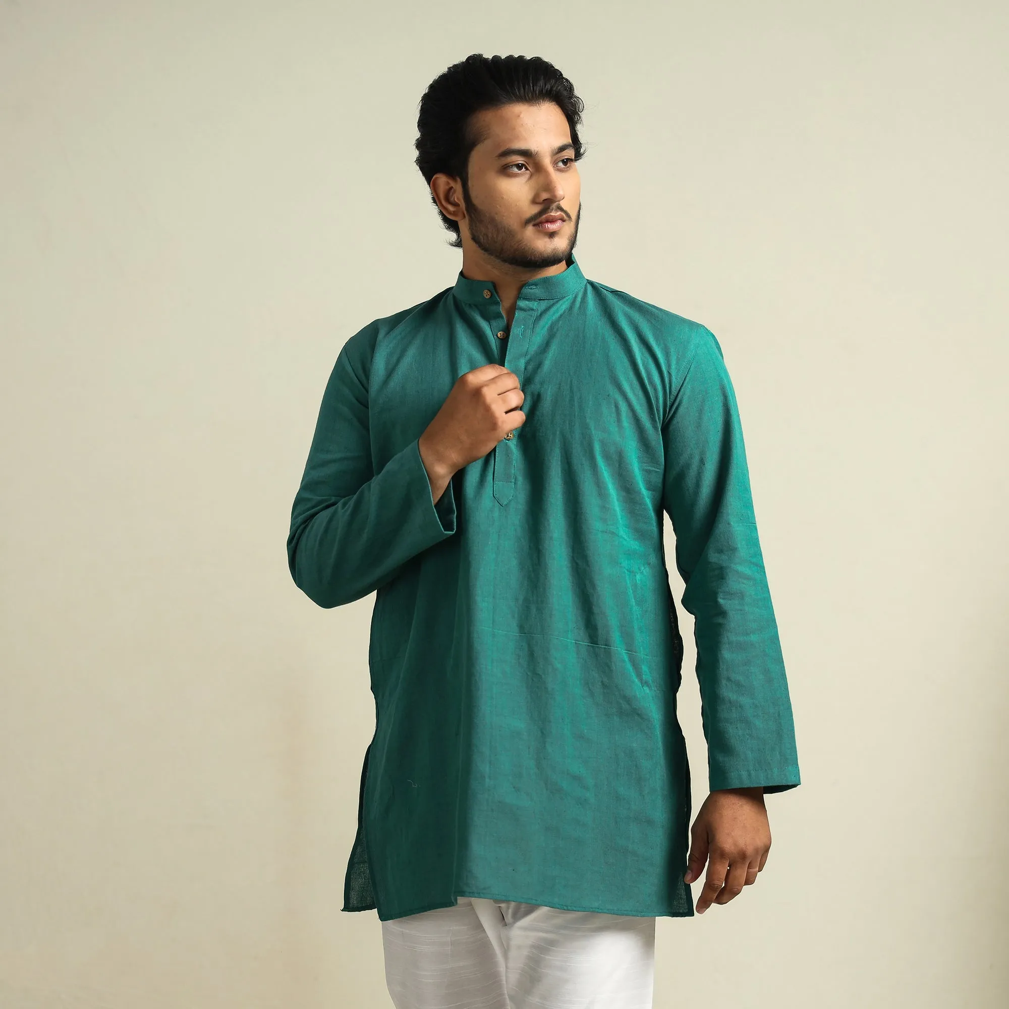 Green - Plain Handloom Cotton Men Short Kurta sold by Itokri product image thumbnail 2