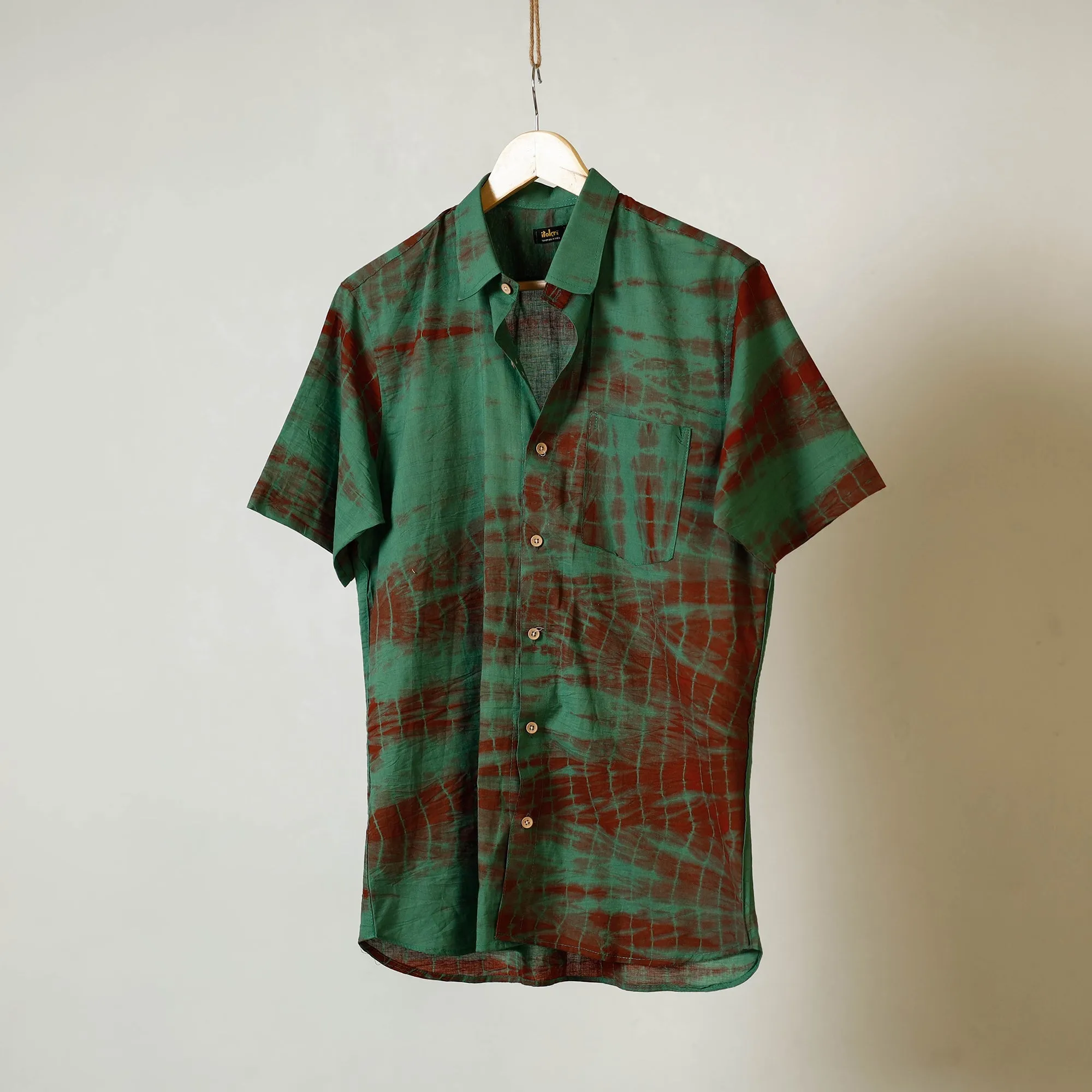Green - Shibori Tie-Dye Mul Cotton Men Half Sleeve Shirt sold by Itokri