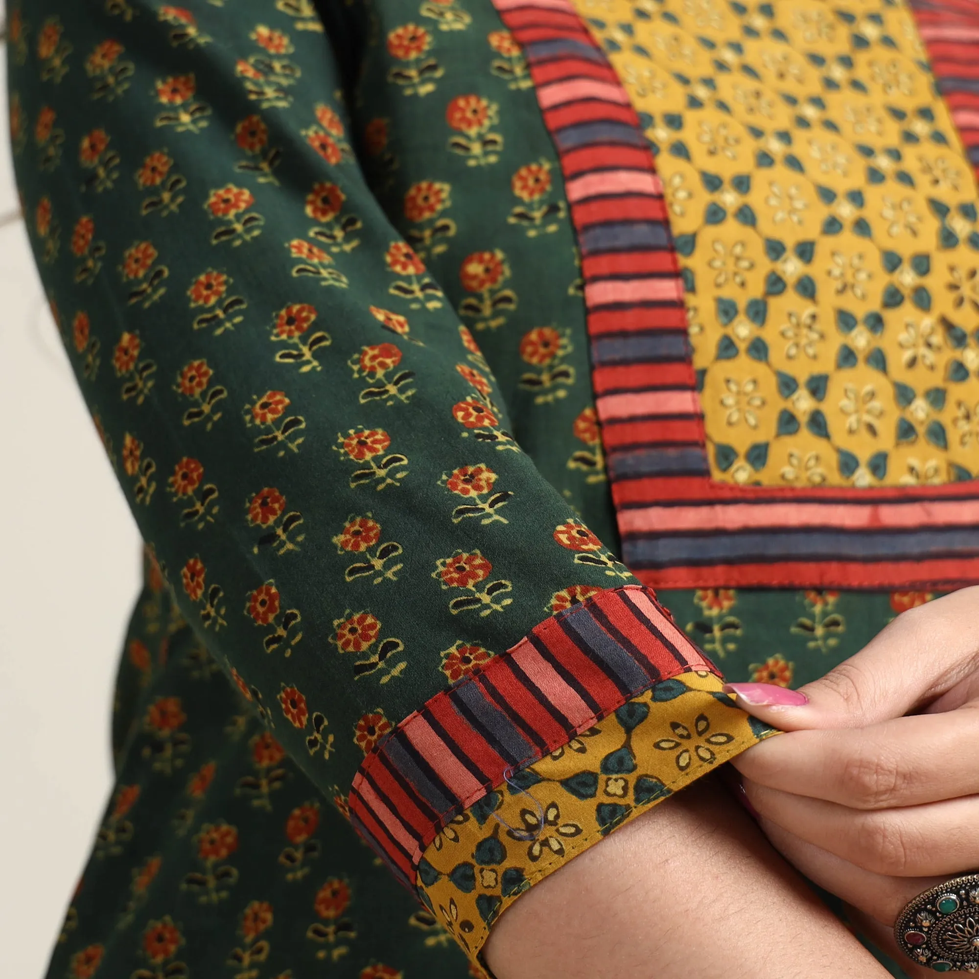 Green - Ajrakh Block Printed Cotton Long Kurta sold by Itokri product image thumbnail 5