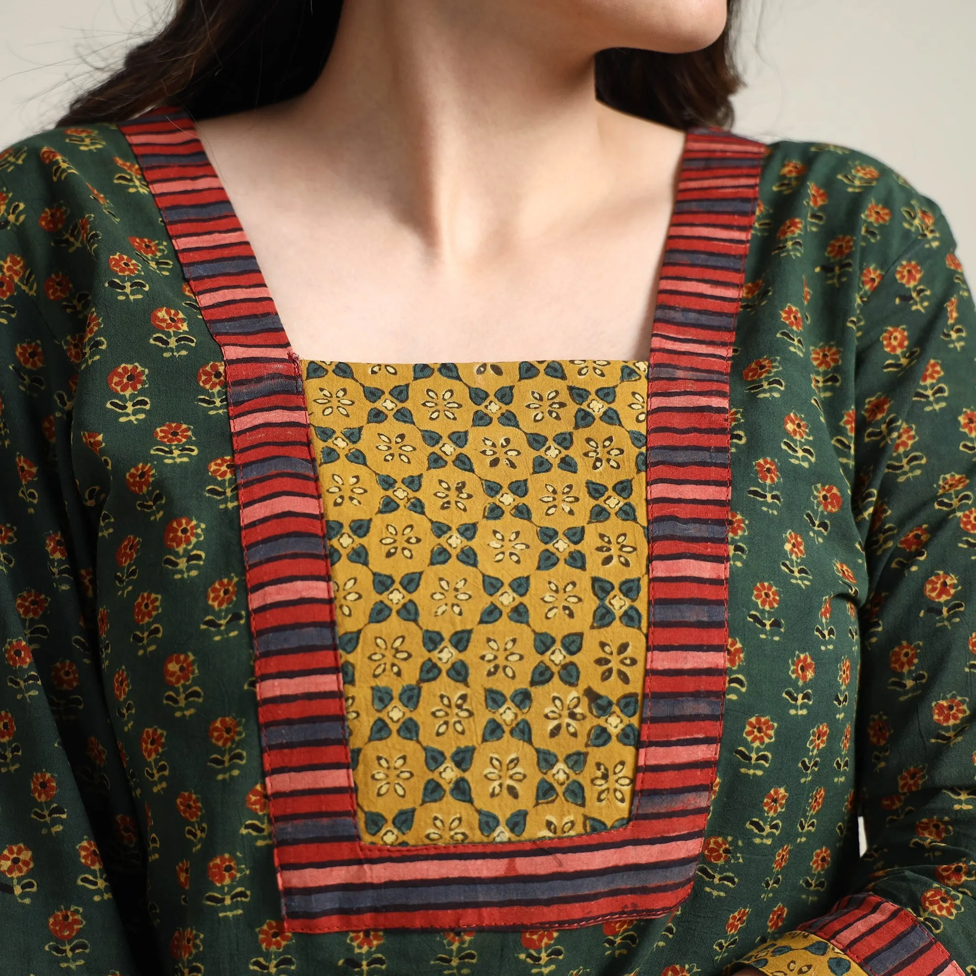 Green - Ajrakh Block Printed Cotton Long Kurta sold by Itokri product image thumbnail 4