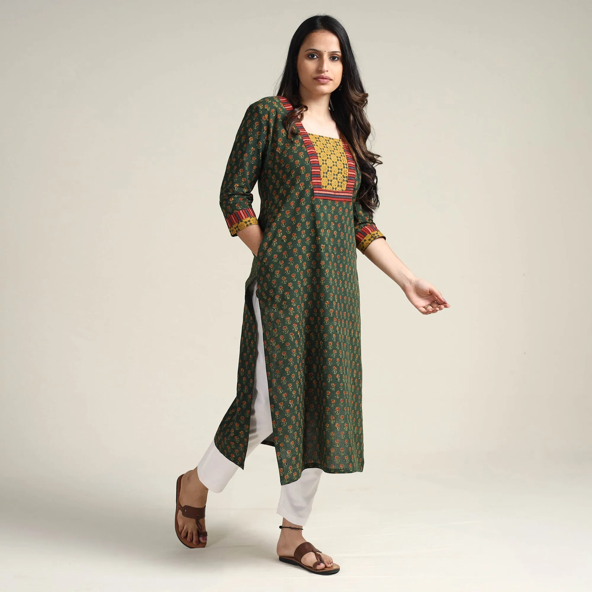 Green - Ajrakh Block Printed Cotton Long Kurta sold by Itokri product image thumbnail 3