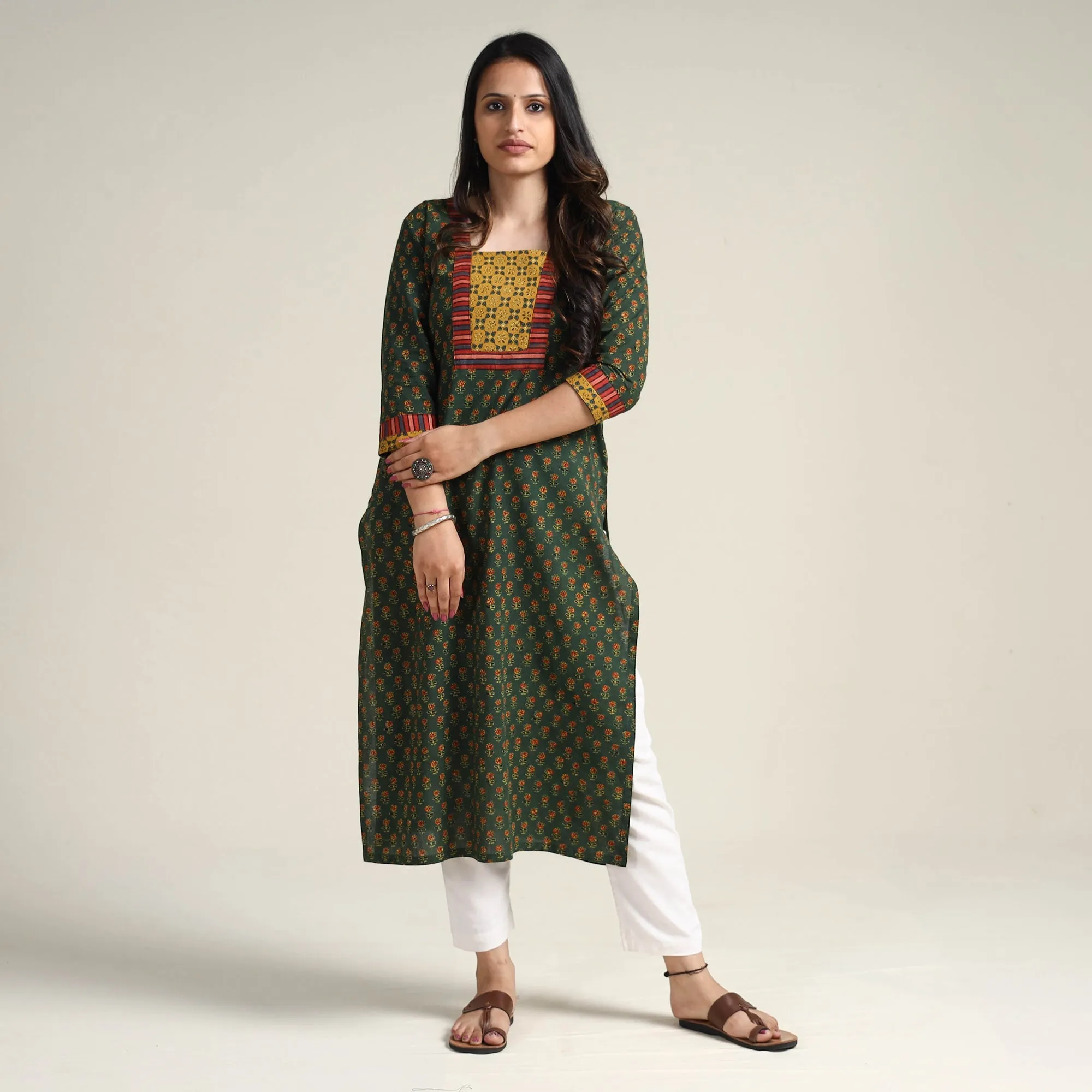 Green - Ajrakh Block Printed Cotton Long Kurta sold by Itokri product image thumbnail 2
