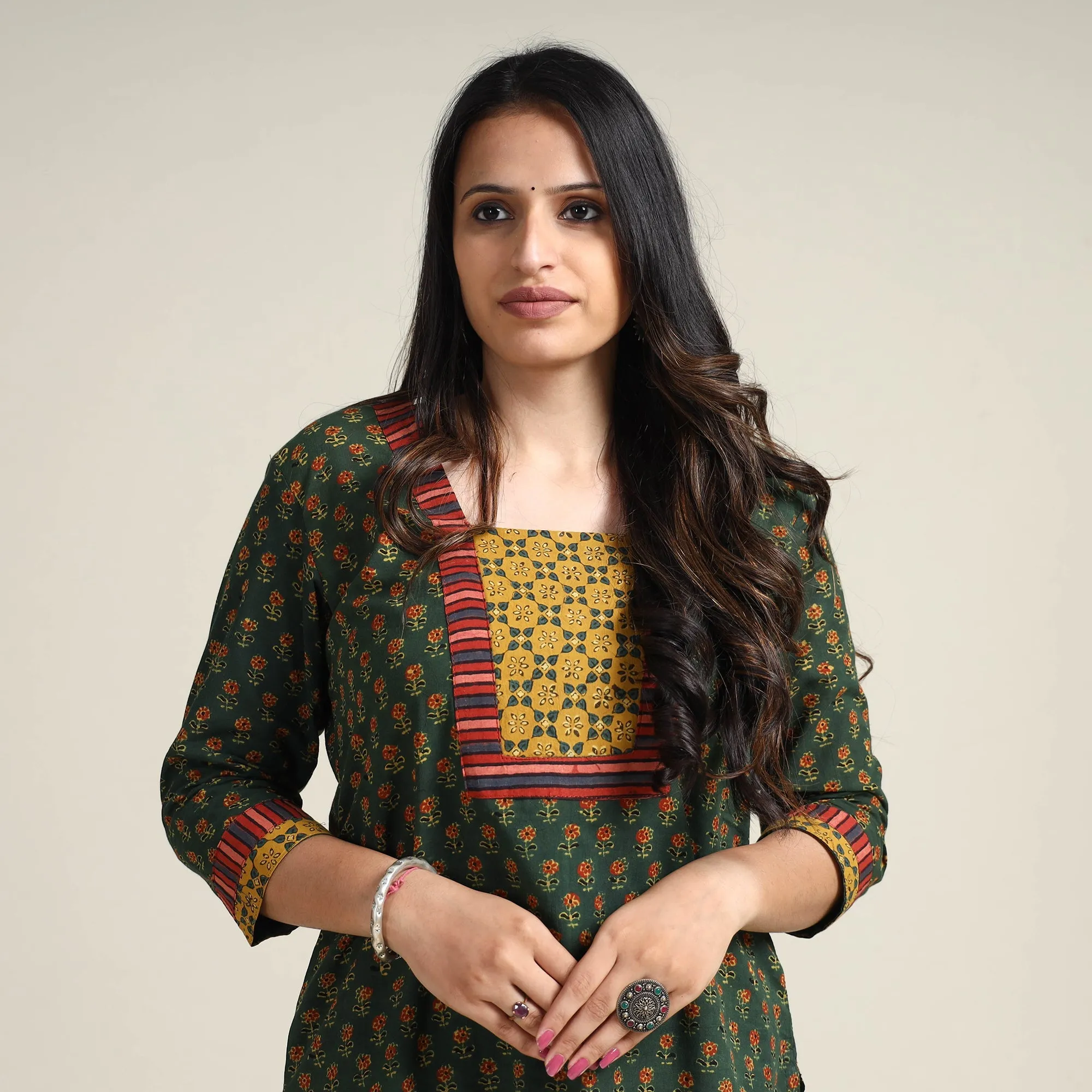 Green - Ajrakh Block Printed Cotton Long Kurta sold by Itokri