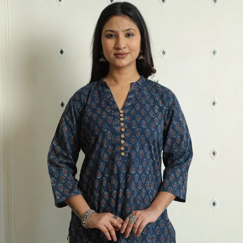Blue - Ajrakh Block Printed Cotton Straight Kurta 03 sold by Itokri