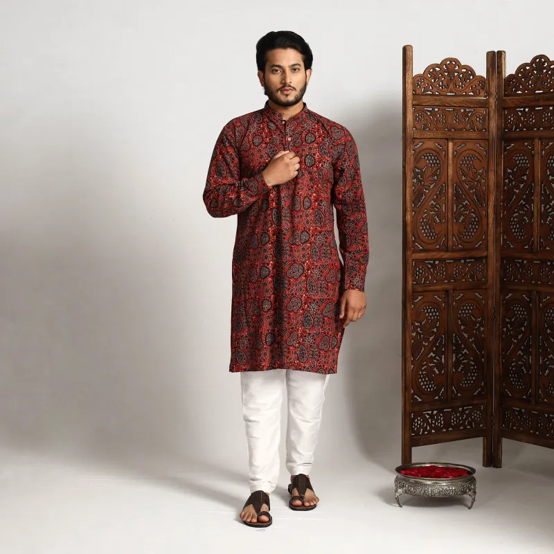 Red - Ajrakh Block Printed Cotton Men Long Kurta sold by Itokri