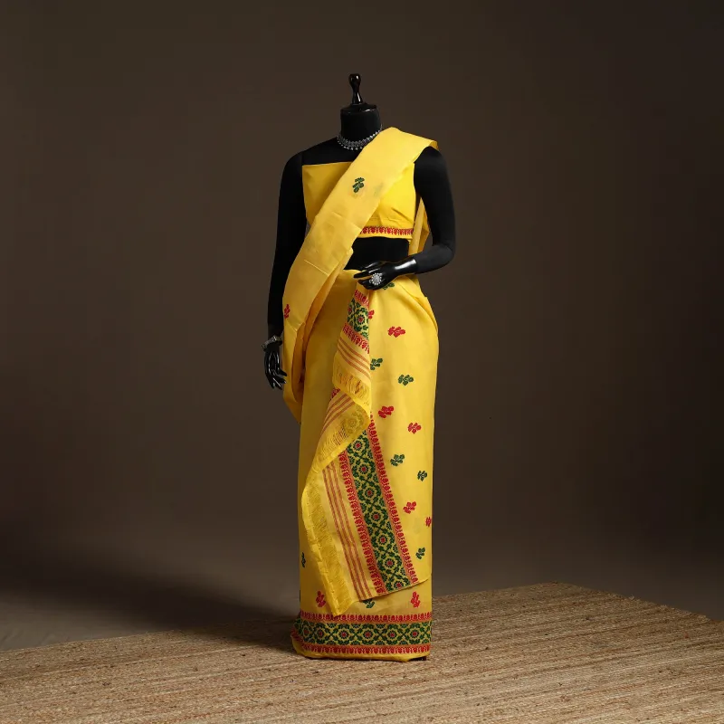 Yellow - Assam Handloom Silk Cotton Mekhela Chador with Blouse Piece 05 sold by Itokri