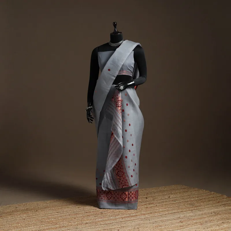 Grey - Assam Handloom Silk Cotton Mekhela Chador with Blouse Piece 04 sold by Itokri