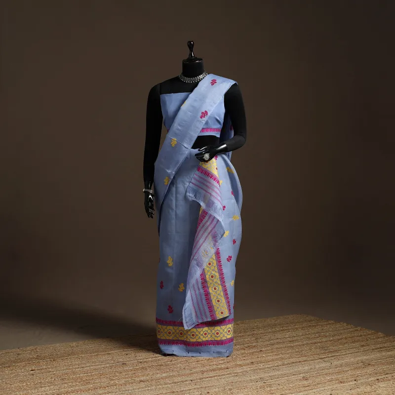 Blue - Assam Handloom Silk Cotton Mekhela Chador with Blouse Piece 17 made by Itokri