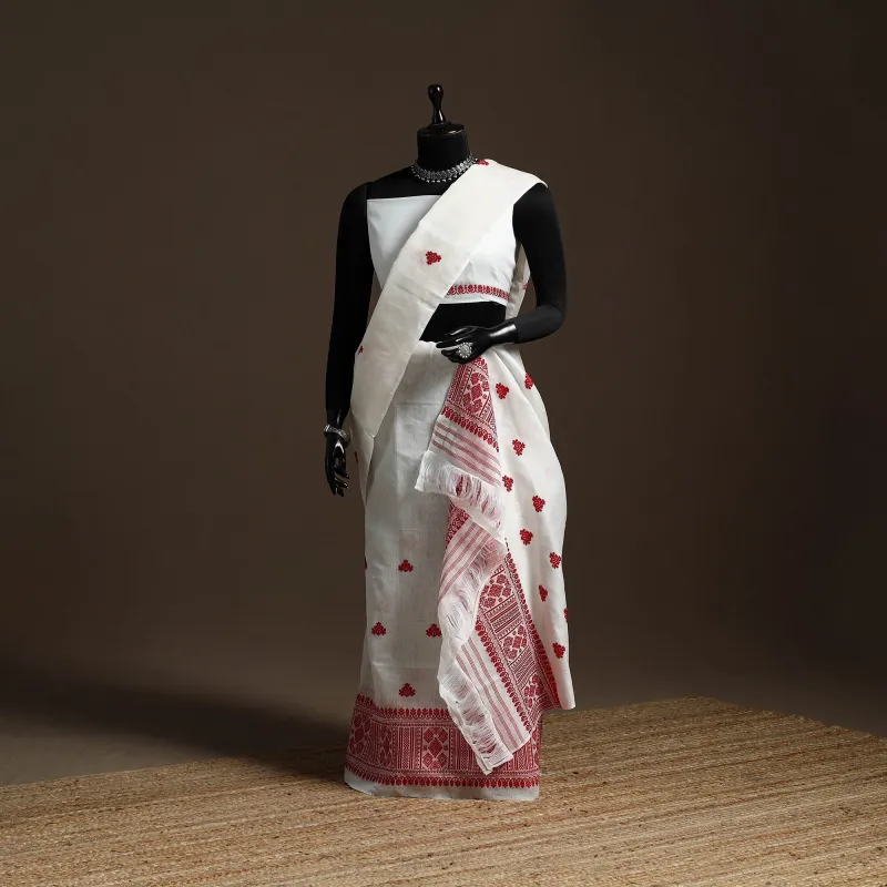 White - Assam Handloom Silk Cotton Mekhela Chador with Blouse Piece 28 sold by Itokri