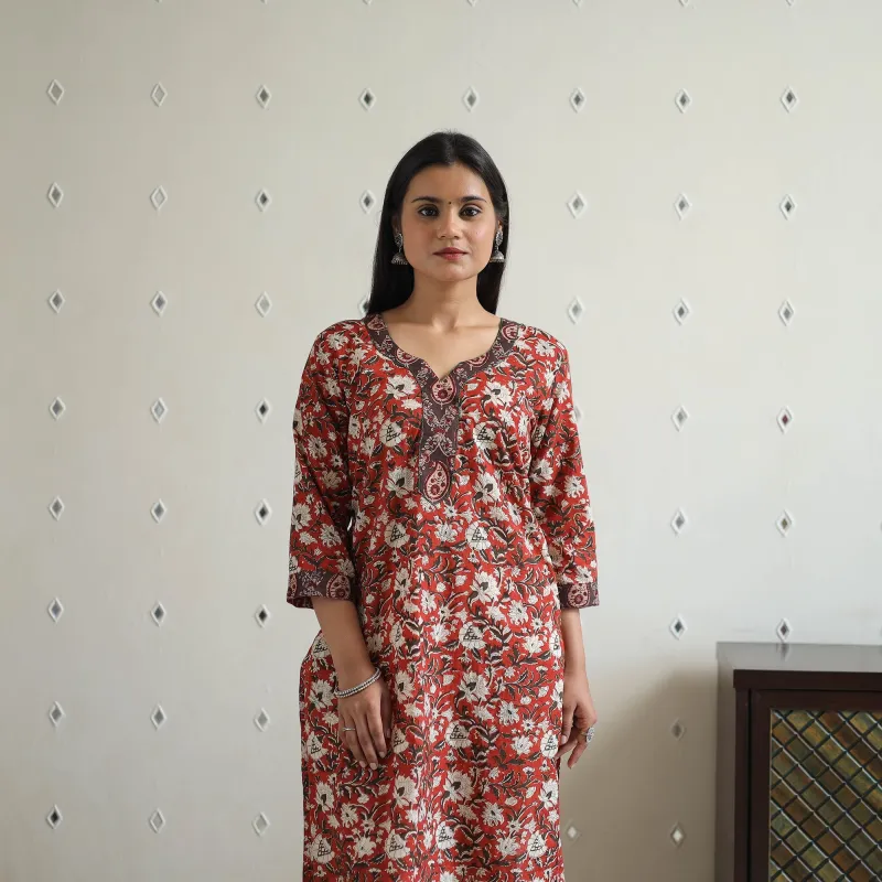 Red - Hand Block Printed Cotton Straight Bagru Kurta 02 made by Itokri