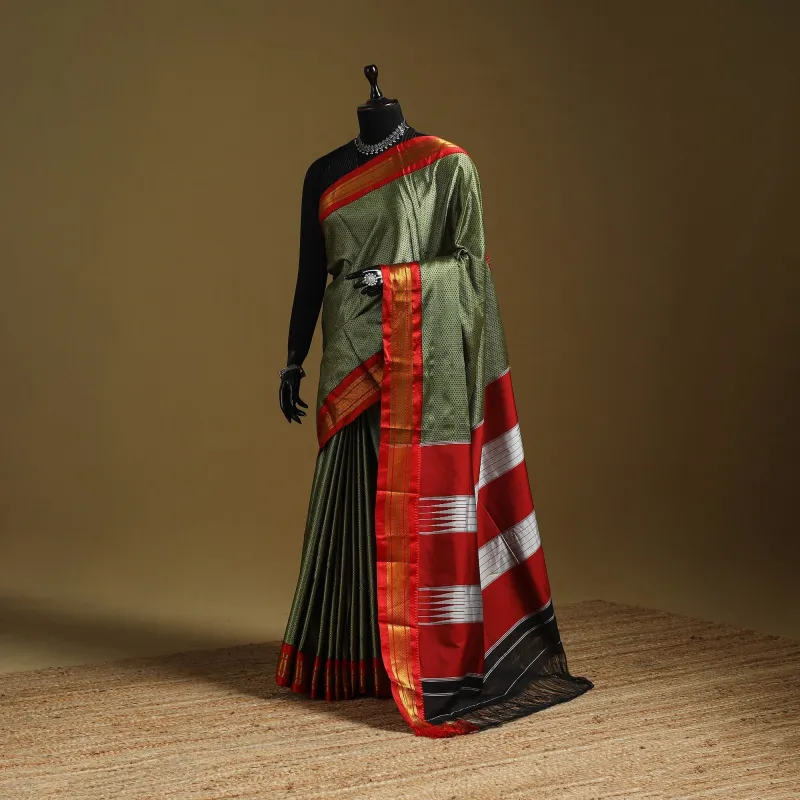 Green - Silk Cotton Khun Saree with Ilkal Pallu Chikki Paras Border 05 sold by Itokri