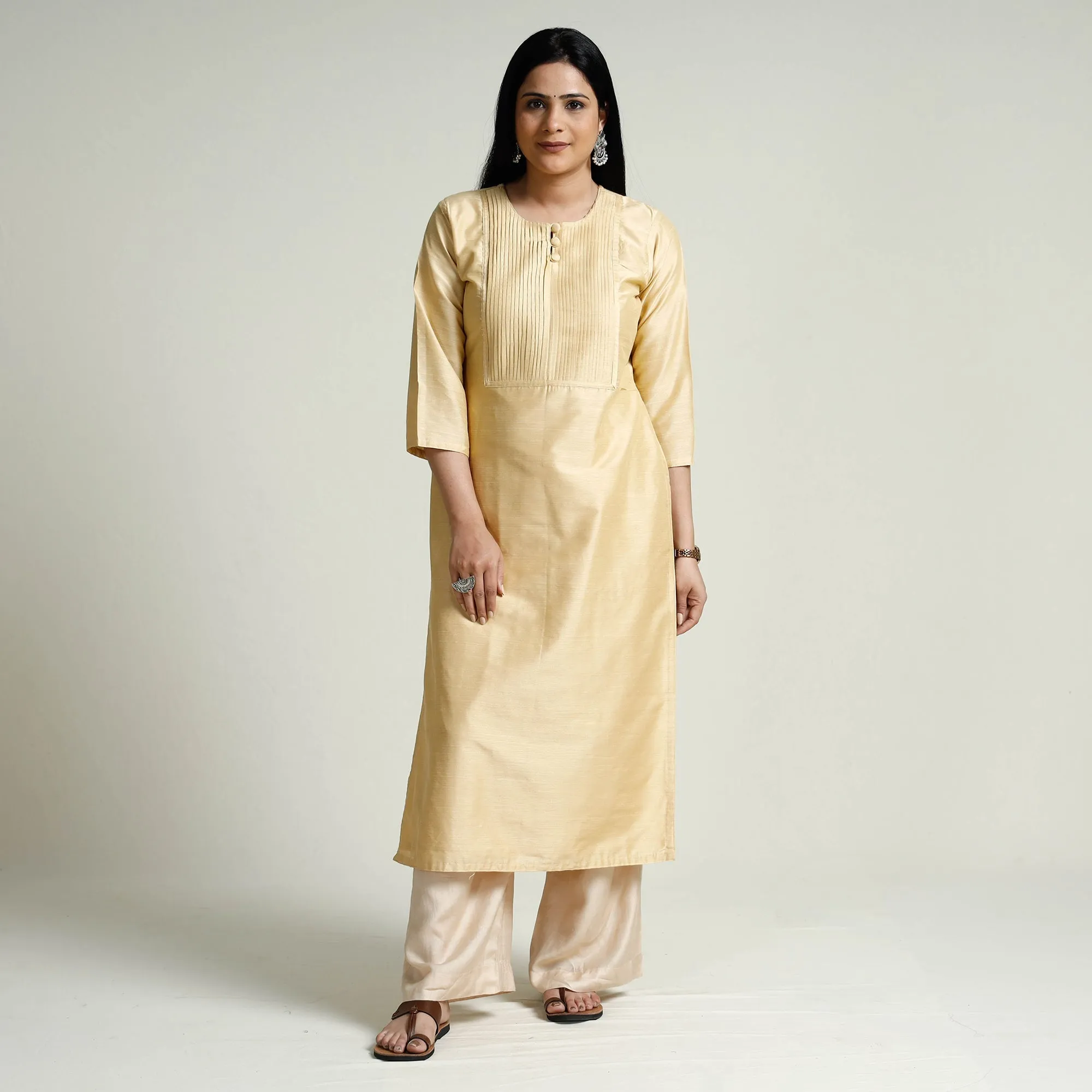 Beige - Plain Slub Silk Pintuck Long Straight Kurta sold by Itokri product image thumbnail 2